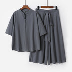 Women's Casual Linen-Viscose Lounge Set with Stand Collar Top and Wide Palazzo Pants