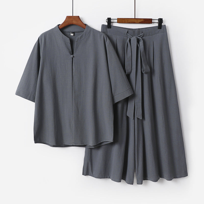 Women's Casual Linen-Viscose Lounge Set with Stand Collar Top and Wide Palazzo Pants