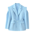 Women's Elegant Oversized Blazer Jacket with Belt and Shoulder Pads
