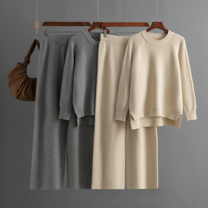 Women's Casual Knit Lounge Set with Wide Top and Comfortable Pants