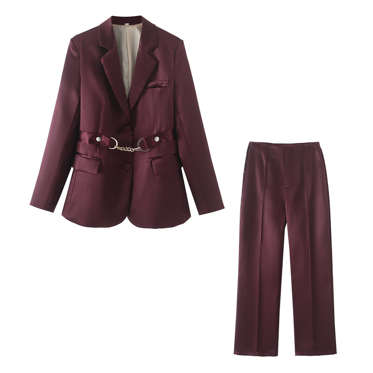 Women's Elegant Satin Blazer Set with Chain Accent