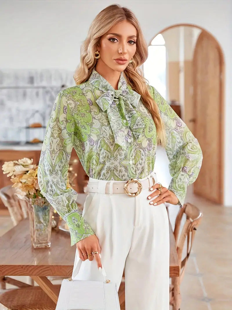 Women's Blouse with Tie Neck and Floral Pattern