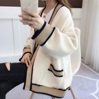 Women's Casual Knit Cardigan with Contrast Trim and Pockets