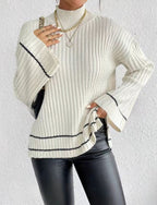 Women's Elegant Knit Sweater with High Collar and Wide Cuffs