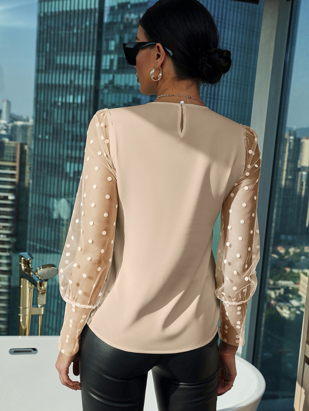 Women's Blouse with Sheer Puff Sleeves and Polka Dots