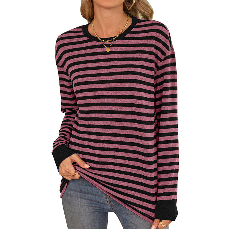 Women's Striped Long-Sleeve Shirt with Crew Neck