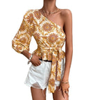 Women's Asymmetrical Top with Voluminous Sleeve and Waist Belt