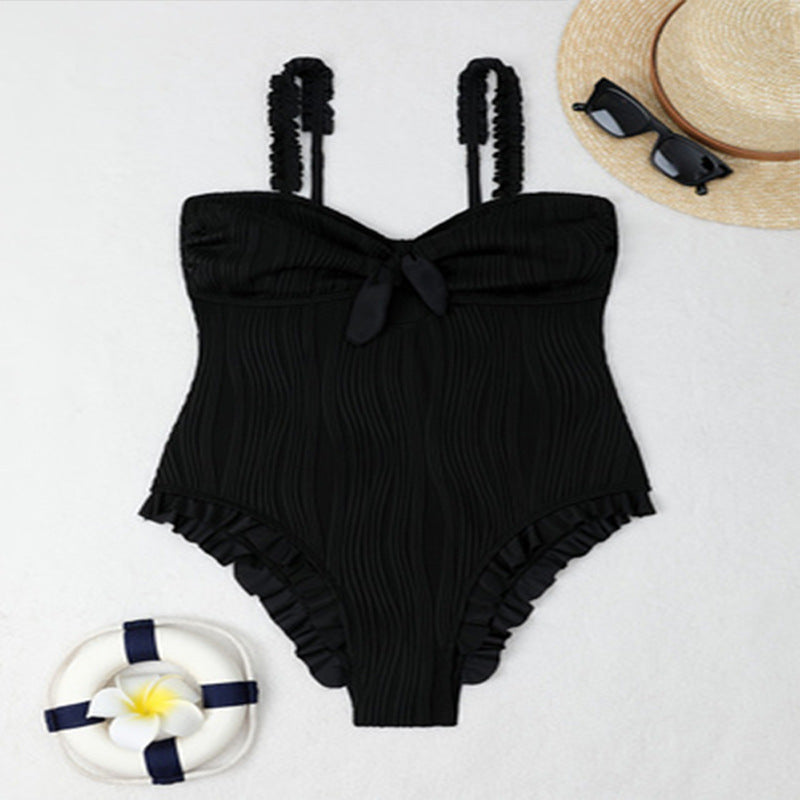 Women's Swimwear with Elegant Wave Pattern and Ruffle Accents