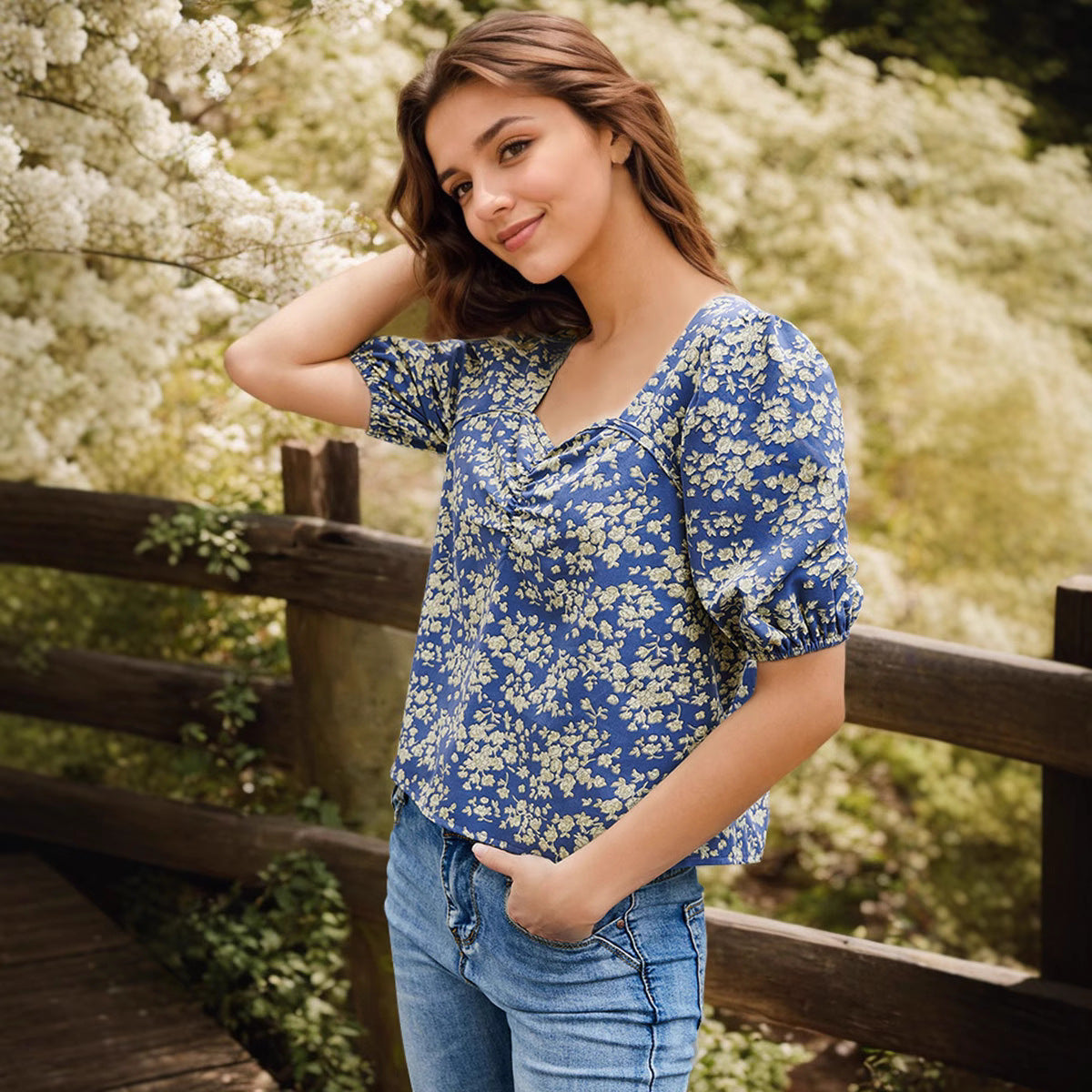 Women's Blouse with Puff Sleeves and Floral Details