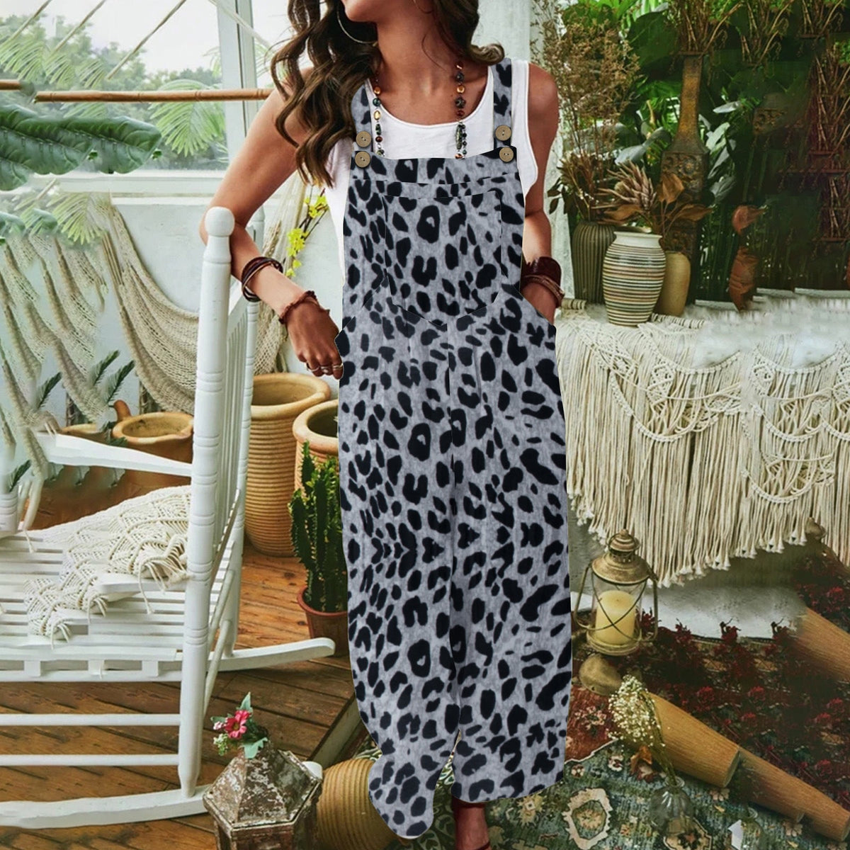 Women's Casual Jumpsuit with Leopard Print and Pockets