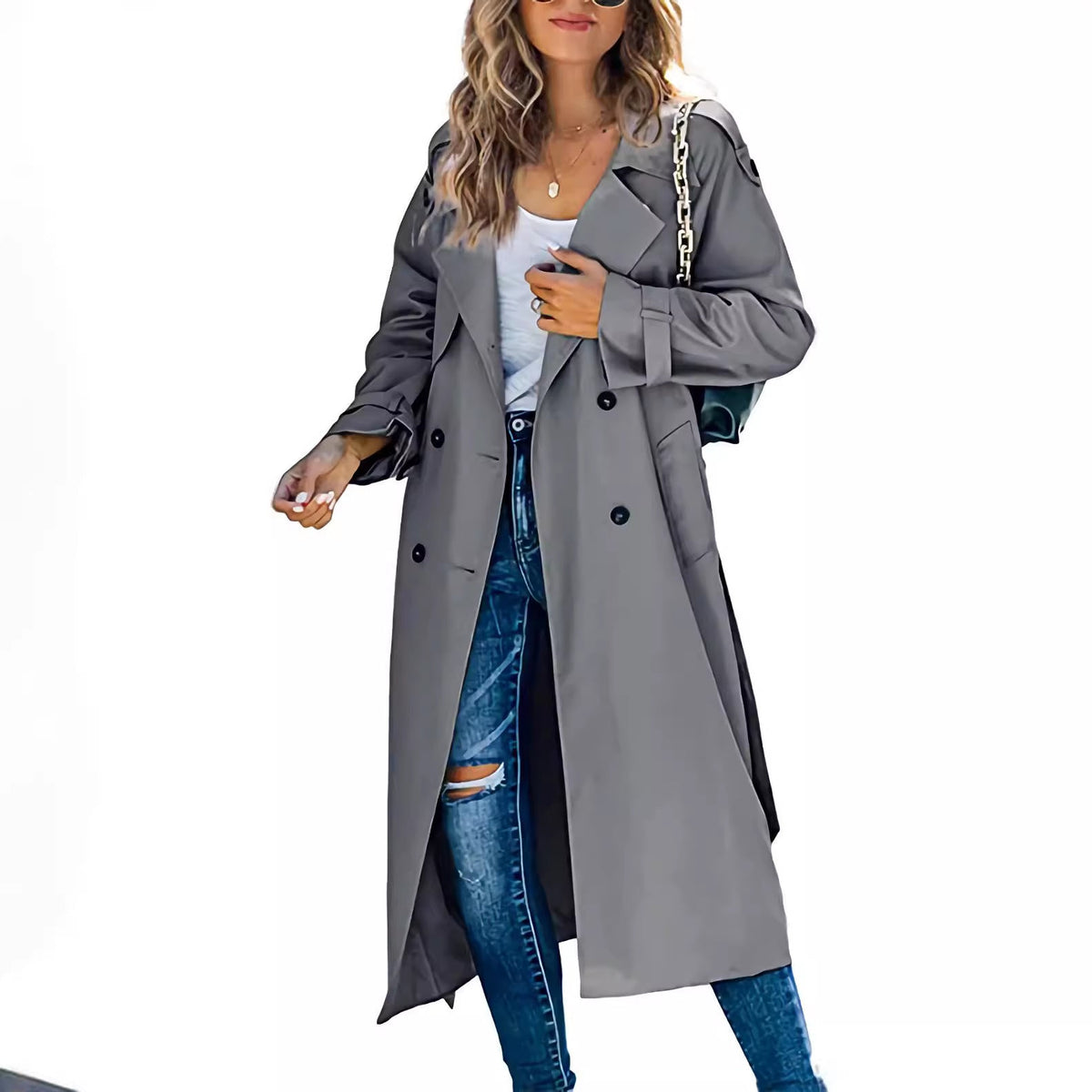 Women's Casual Trench Coat with Belt and Stylish Buttons