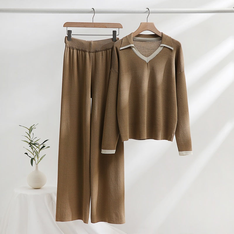 Women's Cozy Knit Loungewear Set with Contrasting Collar and Wide Leg
