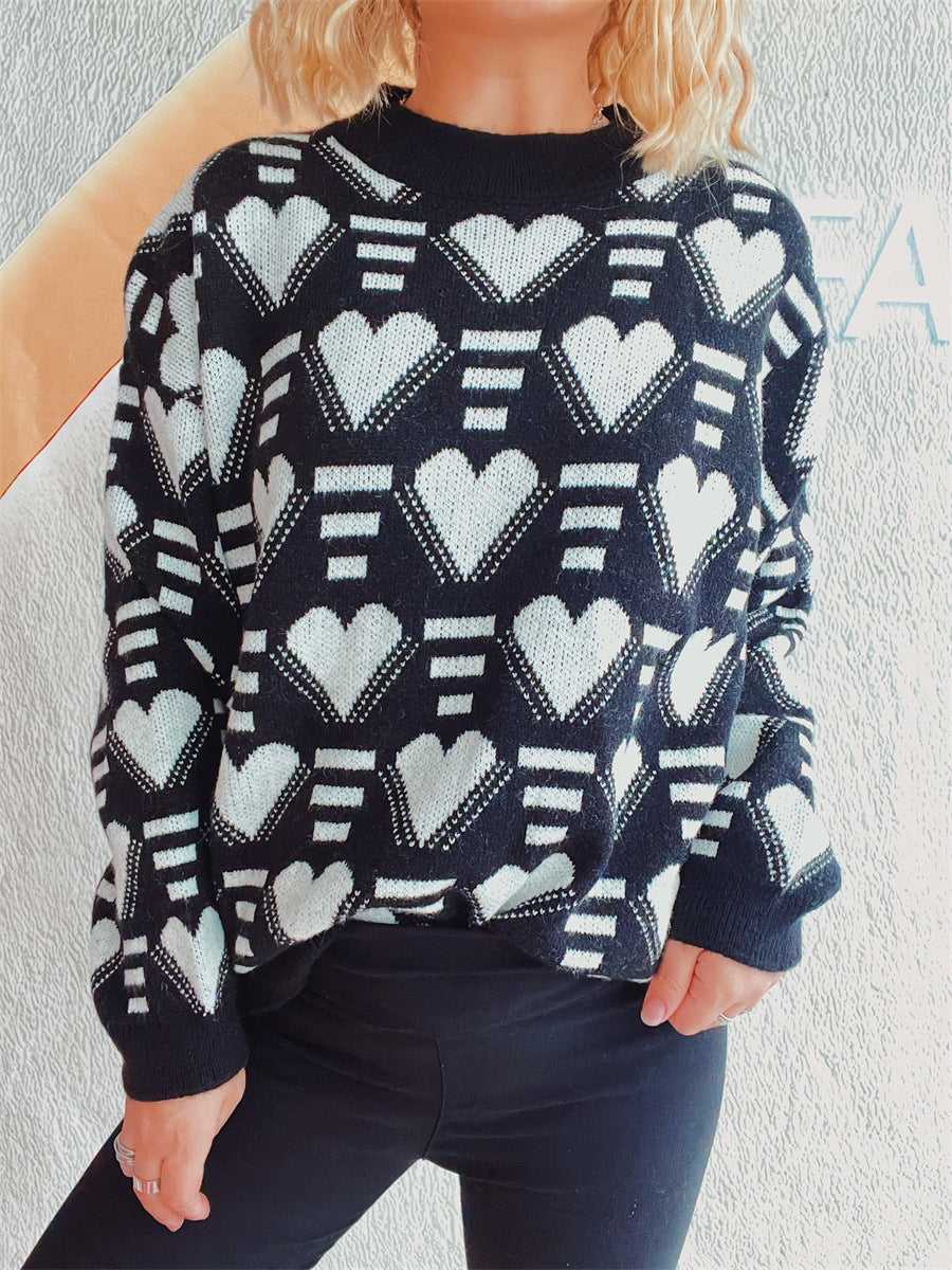 Women's Knit Sweater in Modern Heart Design with Wide Cut