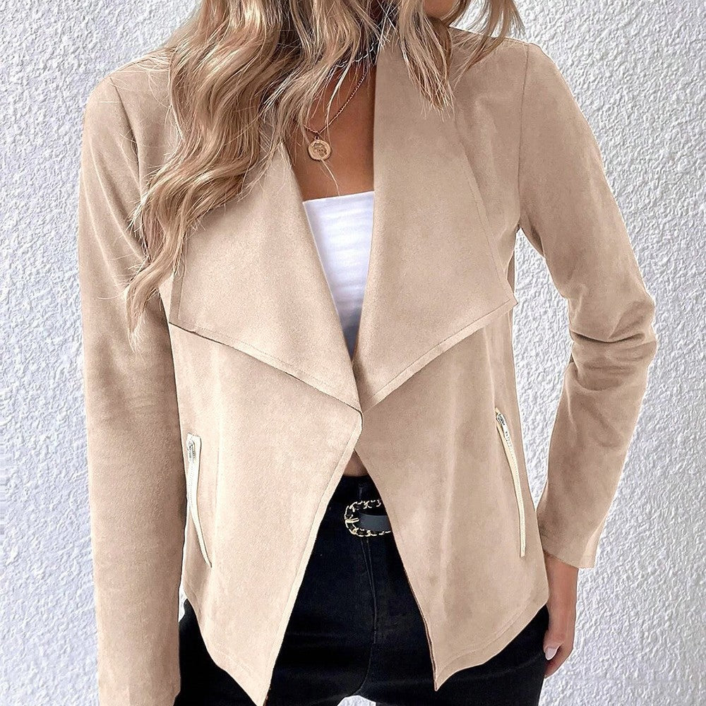 Women's Elegant Short Blazer with Asymmetrical Cut and Zipper Pockets