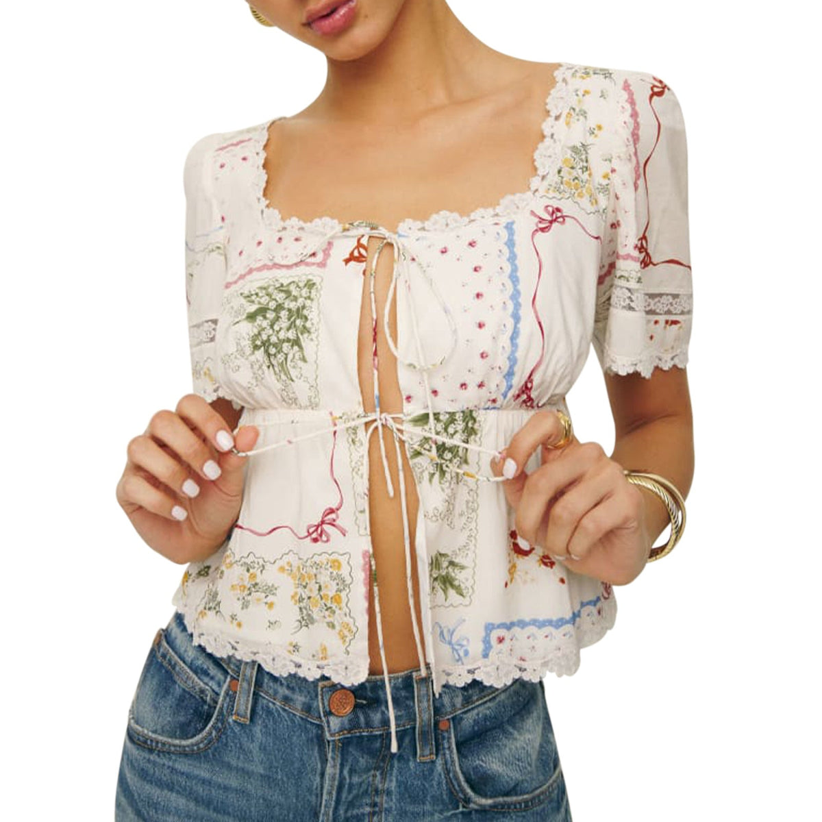 Women's Blouse with Floral Accents and Lace Trim