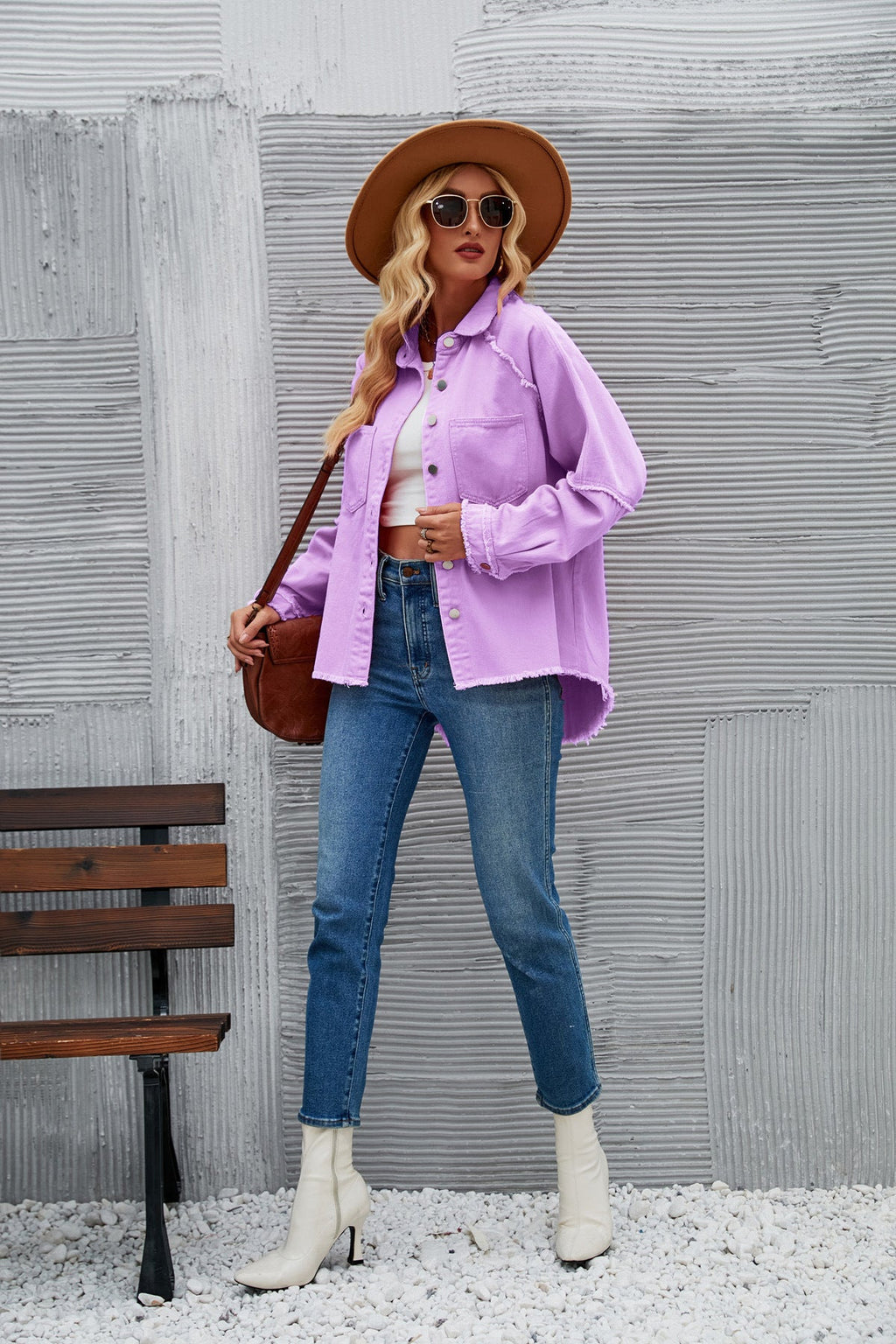 Women's Denim Jacket with Relaxed Fit and Frayed Details