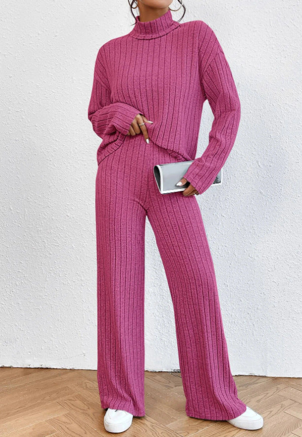 Women's Chunky Knit Two-Piece Set with High Collar and Wide Cut
