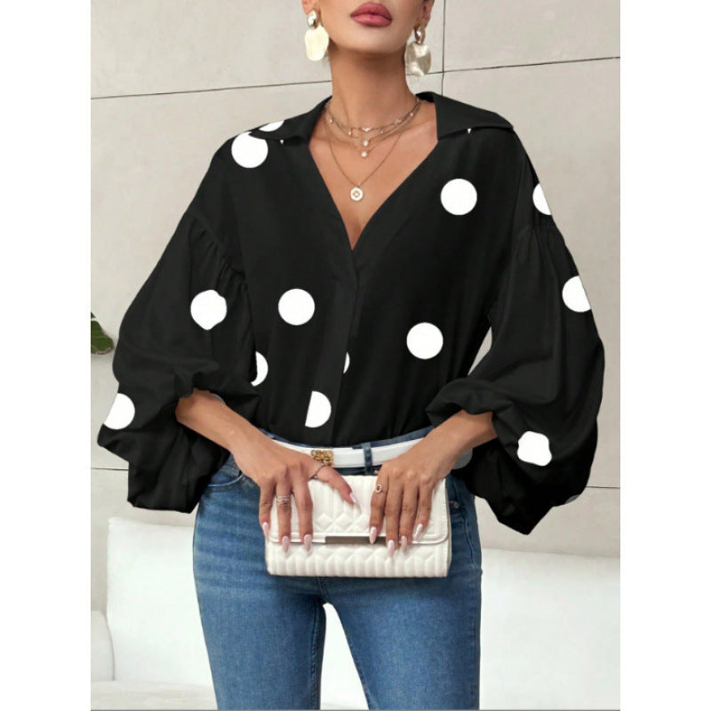 Women's Blouse with Voluminous Balloon Sleeves and Elegant Collar
