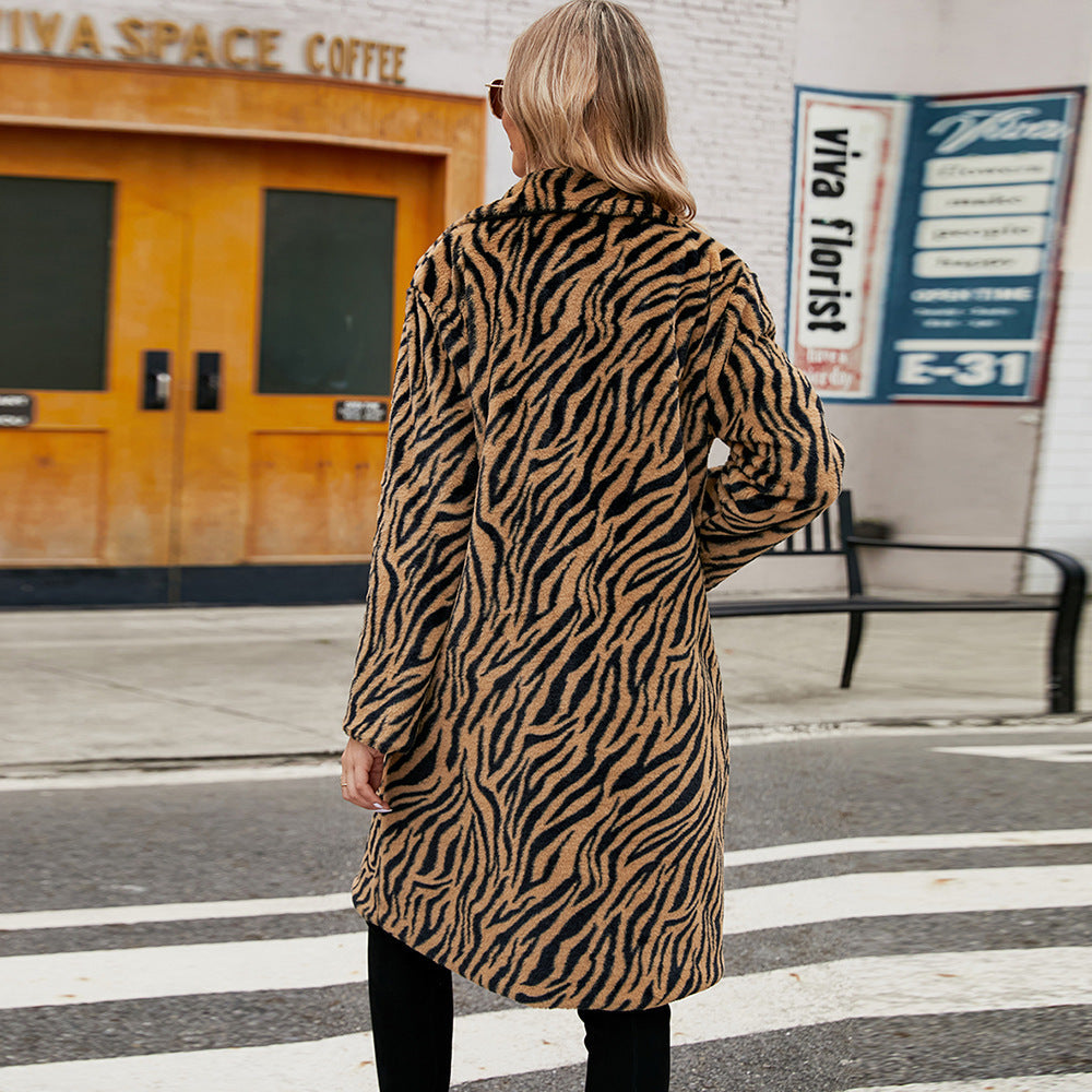 Women's Elegant Faux Fur Coat in Zebra Design