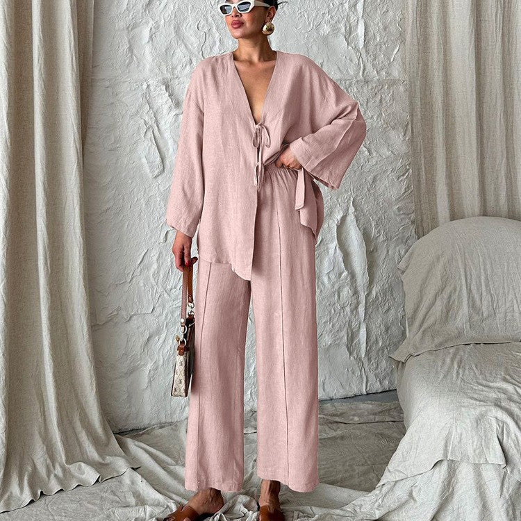 Women's Casual Two-Piece Set with Wide-Cut Top and Comfortable Pants