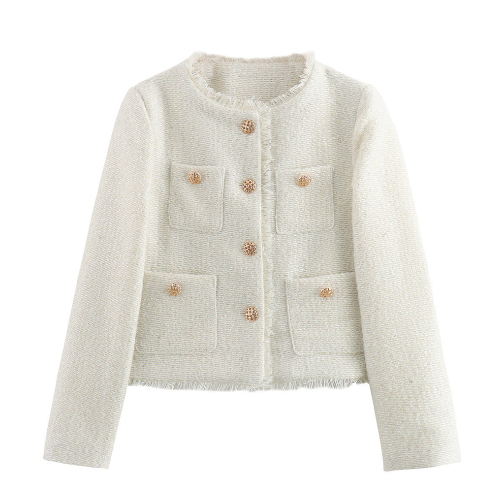 Elegant Tweed Jacket with Fringes and Decorative Buttons