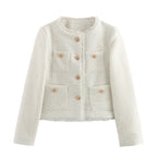 Elegant Tweed Jacket with Fringes and Decorative Buttons