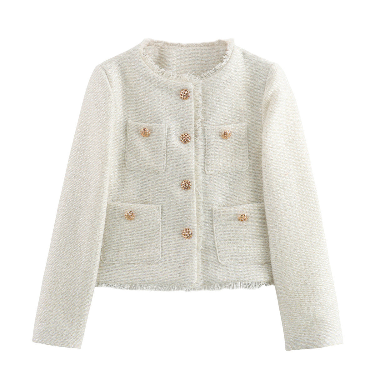 Elegant Tweed Jacket with Fringes and Decorative Buttons
