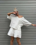 Women's Casual Lounge Set with Oversized Top and Shorts