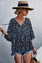Women's Casual Blouse with Voluminous Sleeves and Polka Dot Pattern