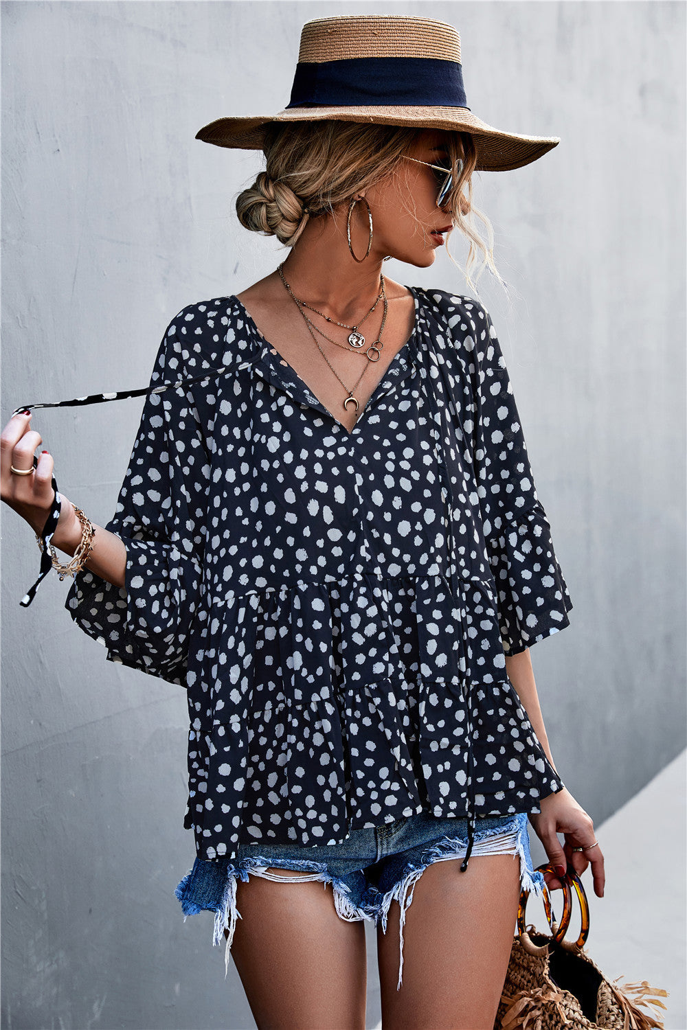 Women's Casual Blouse with Voluminous Sleeves and Polka Dot Pattern