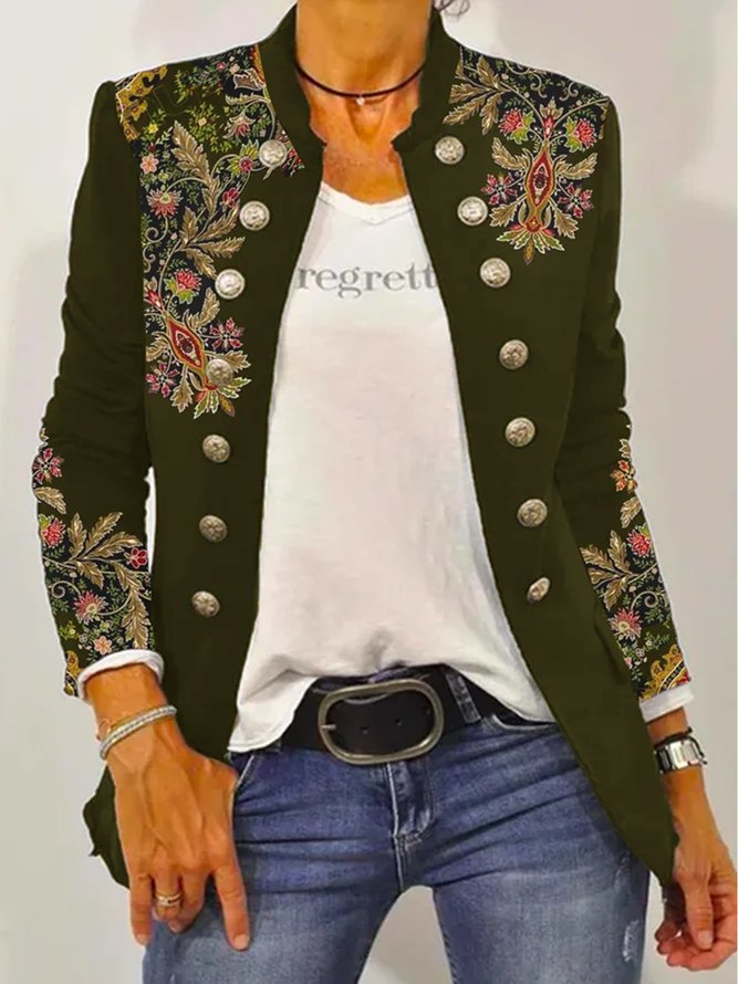 Elegant Floral Embroidered Blazer Jacket with Contrast Buttons