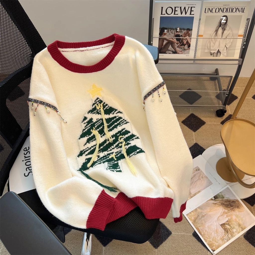 Women's Festive Knit Sweater with Christmas Tree Motif and Playful Accents