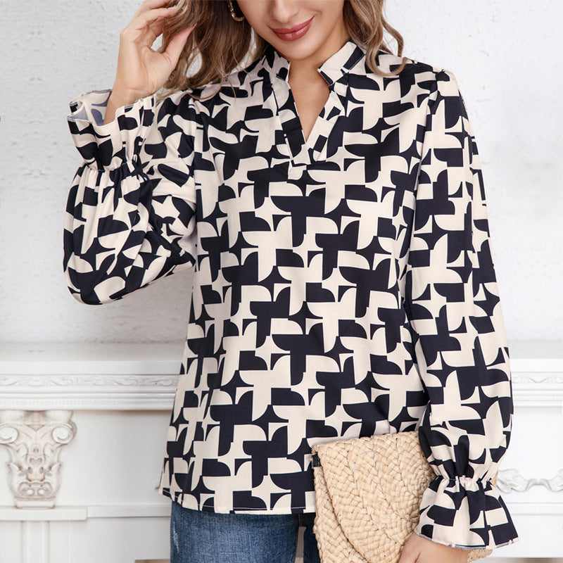 Women's Blouse with Modern Geometric Pattern and Elegant Ruffle Details