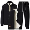 Men's three-piece fleece set with padded vest, stand-up collar jacket, and joggers