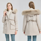 Women's Fashionable Puffer Jacket with Detachable Faux Fur Collar and Functional Pockets