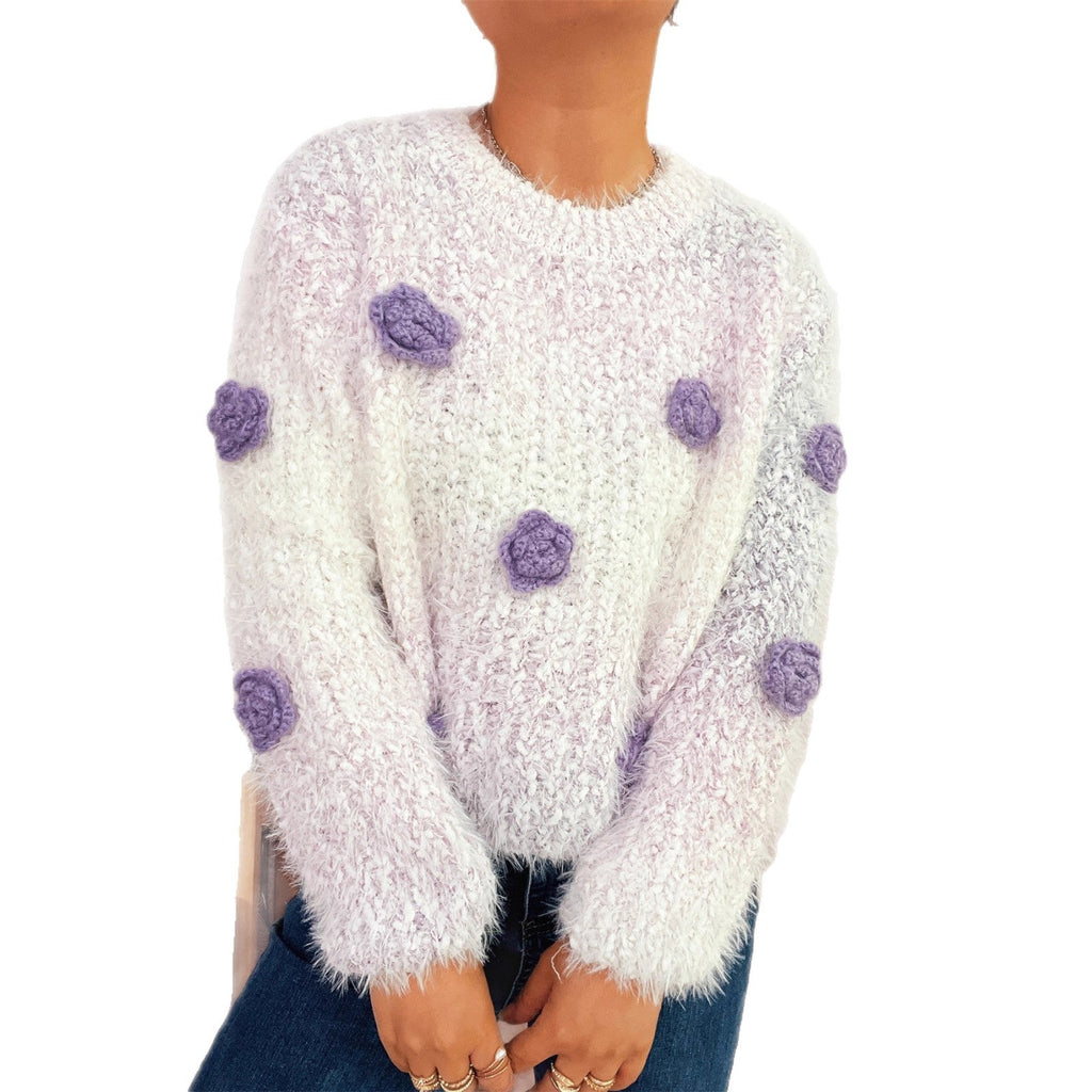 Cozy Fluffy Sweater with Playful Floral Appliqués