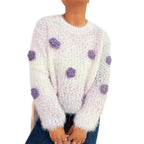 Cozy Fluffy Sweater with Playful Floral Appliqués