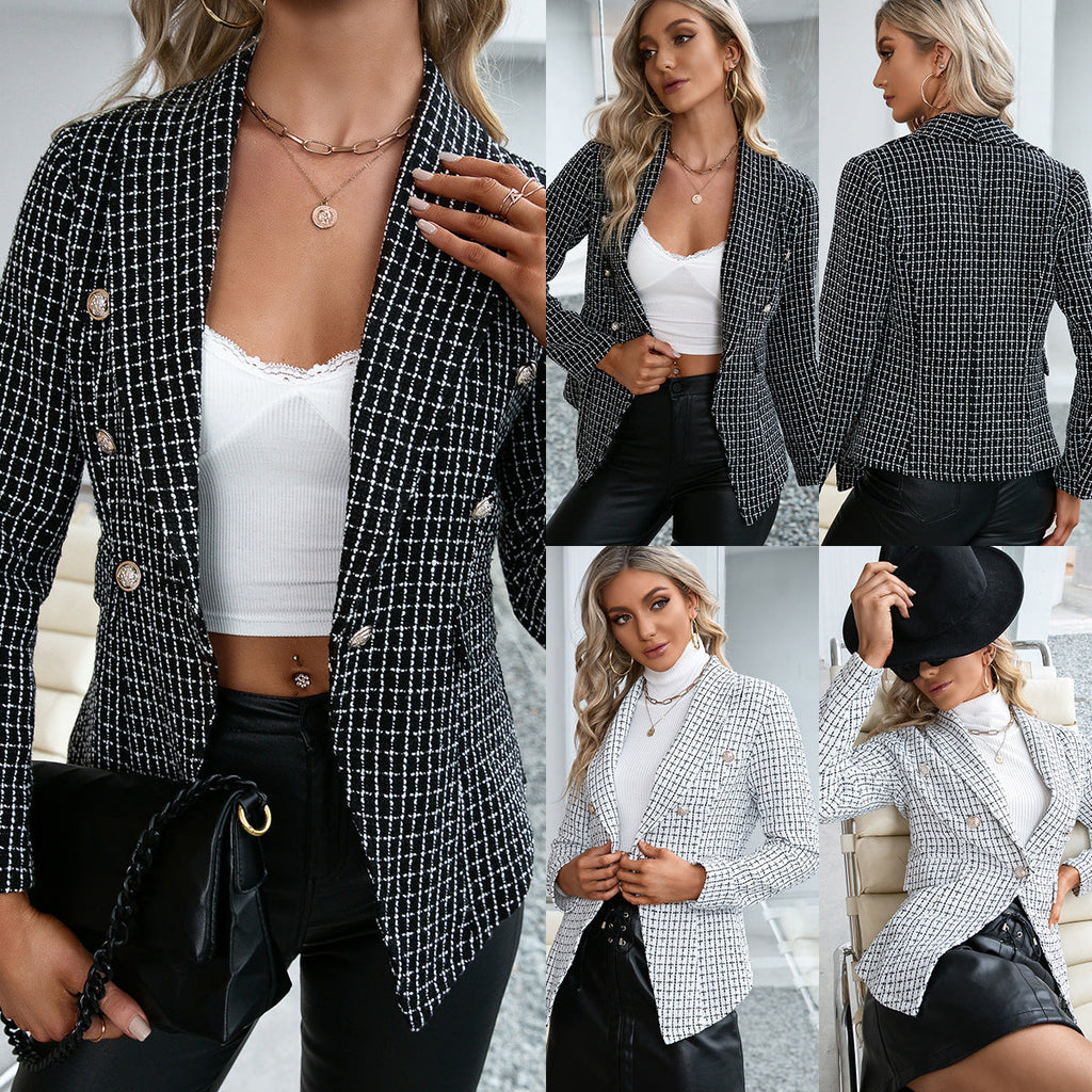 Double-Breasted Blazer in Geometric Plaid