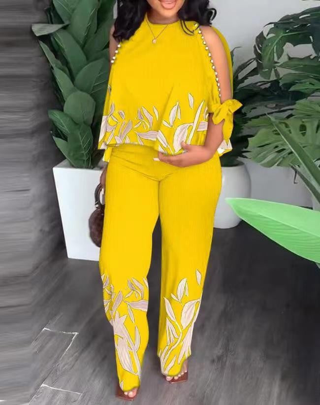 Women's Summer Outfit with Floral Design and Off-Shoulder Top