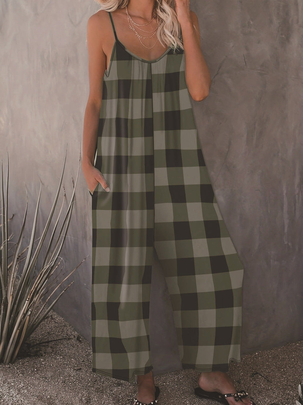 Women's Casual Plaid Jumpsuit with Pockets