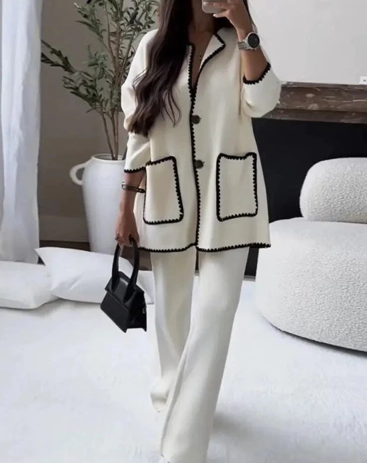 Women's Elegant Knit Blazer Set with Contrasting Details