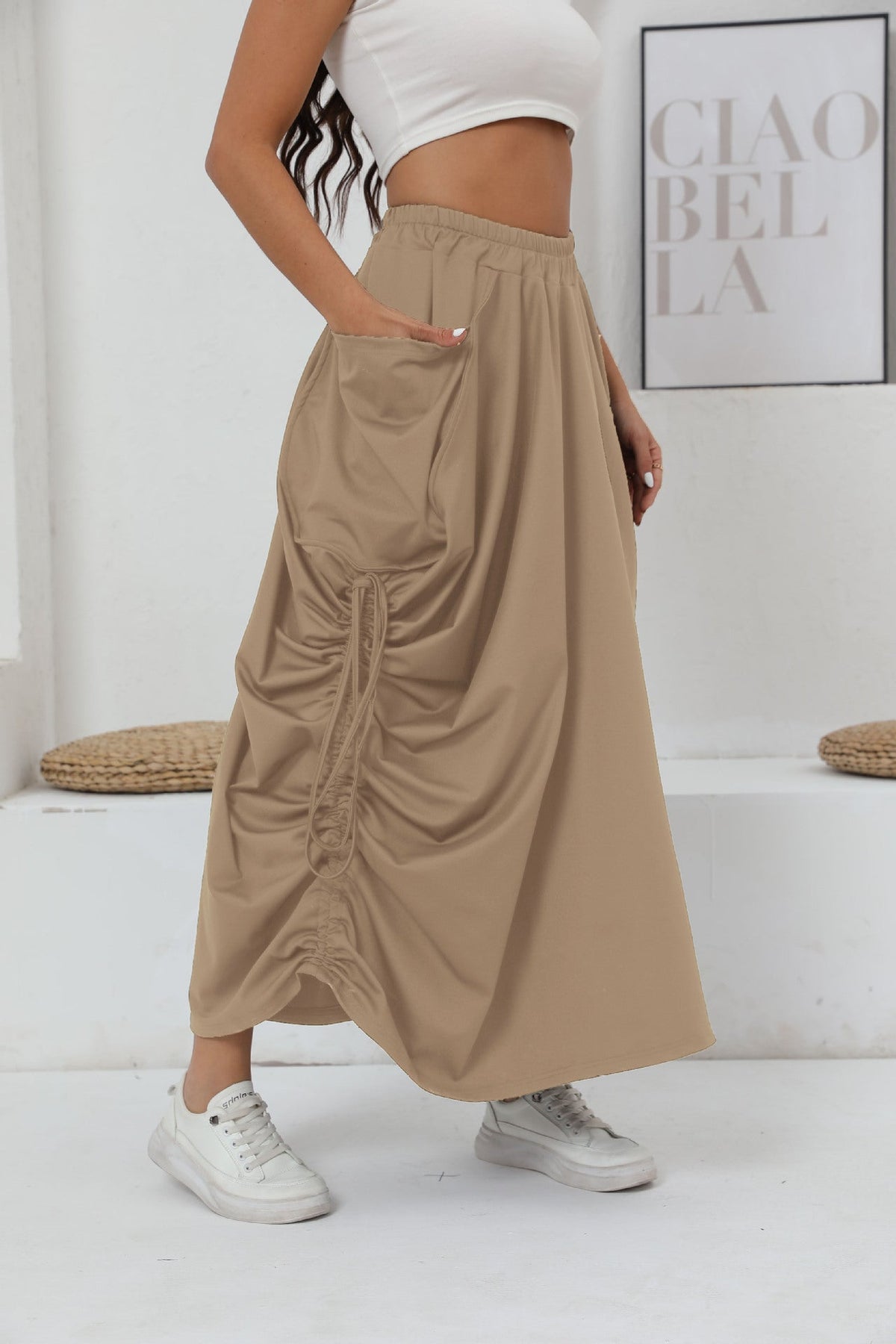 Women's Maxi Skirt with Side Ruching and Pockets
