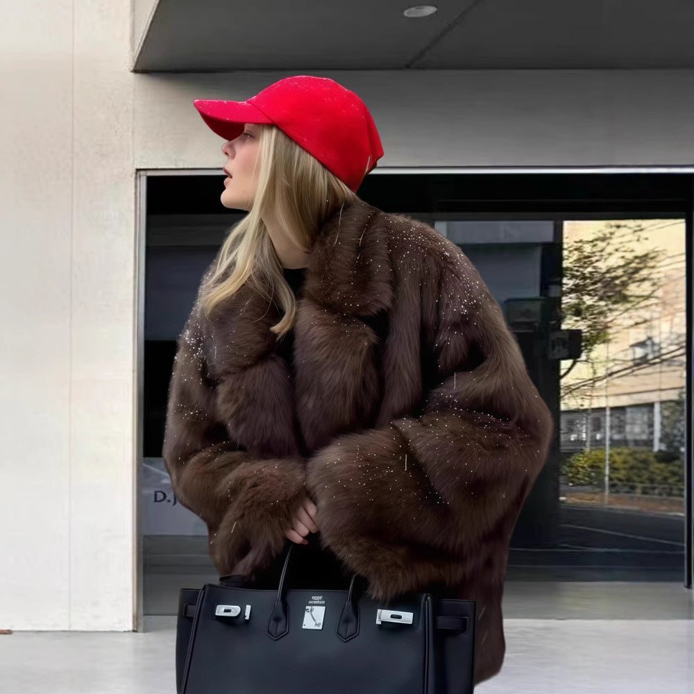Women's Elegant Faux Fur Jacket with Sparkling Accents