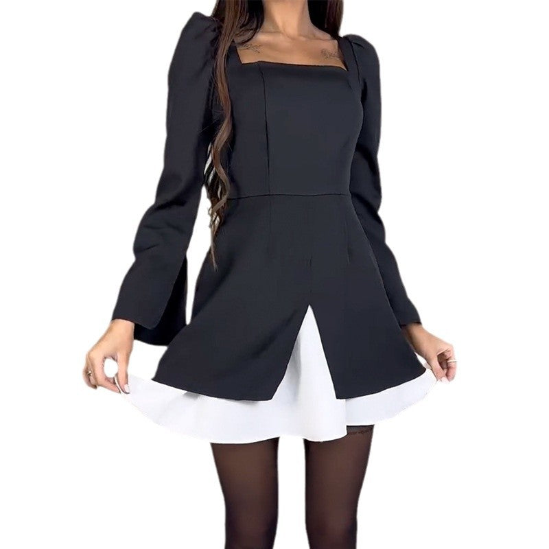 Women's Cocktail Dress with Puff Sleeves and Asymmetric Cut