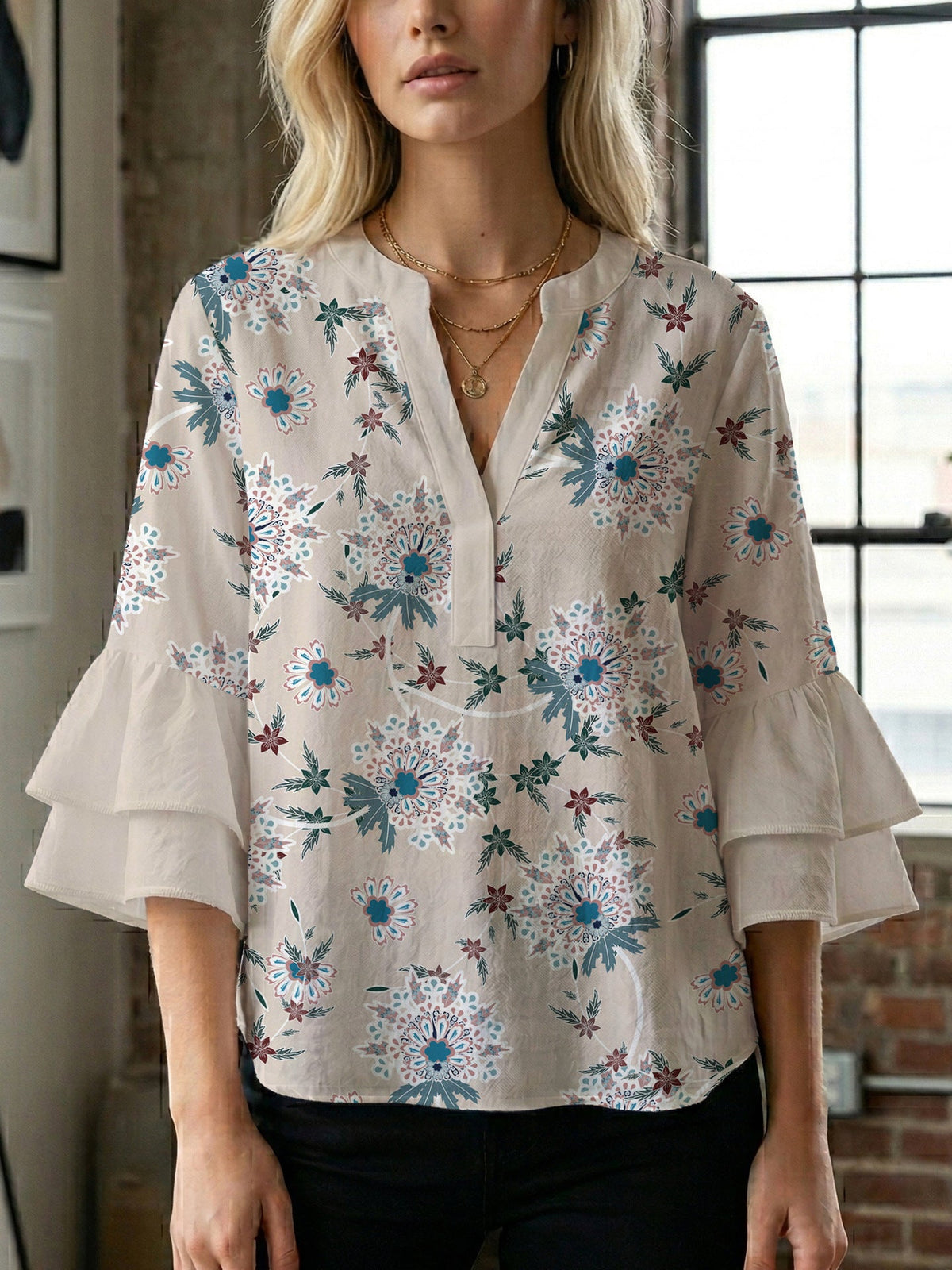 Women's Blouse with Voluminous Sleeves and Floral Design