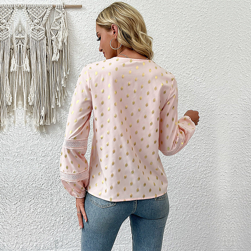 Women's V-Neck Blouse with Fine Eyelet Pattern