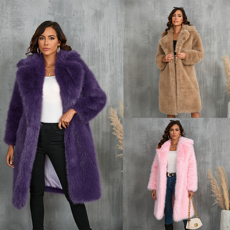 Women's Elegant Faux Fur Coat with Wide Lapel and Loose Fit
