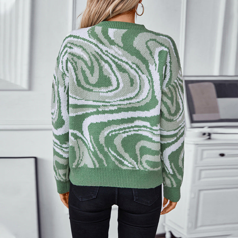 Women's Patterned Knit Pullover with Modern Wave Pattern and Round Neck