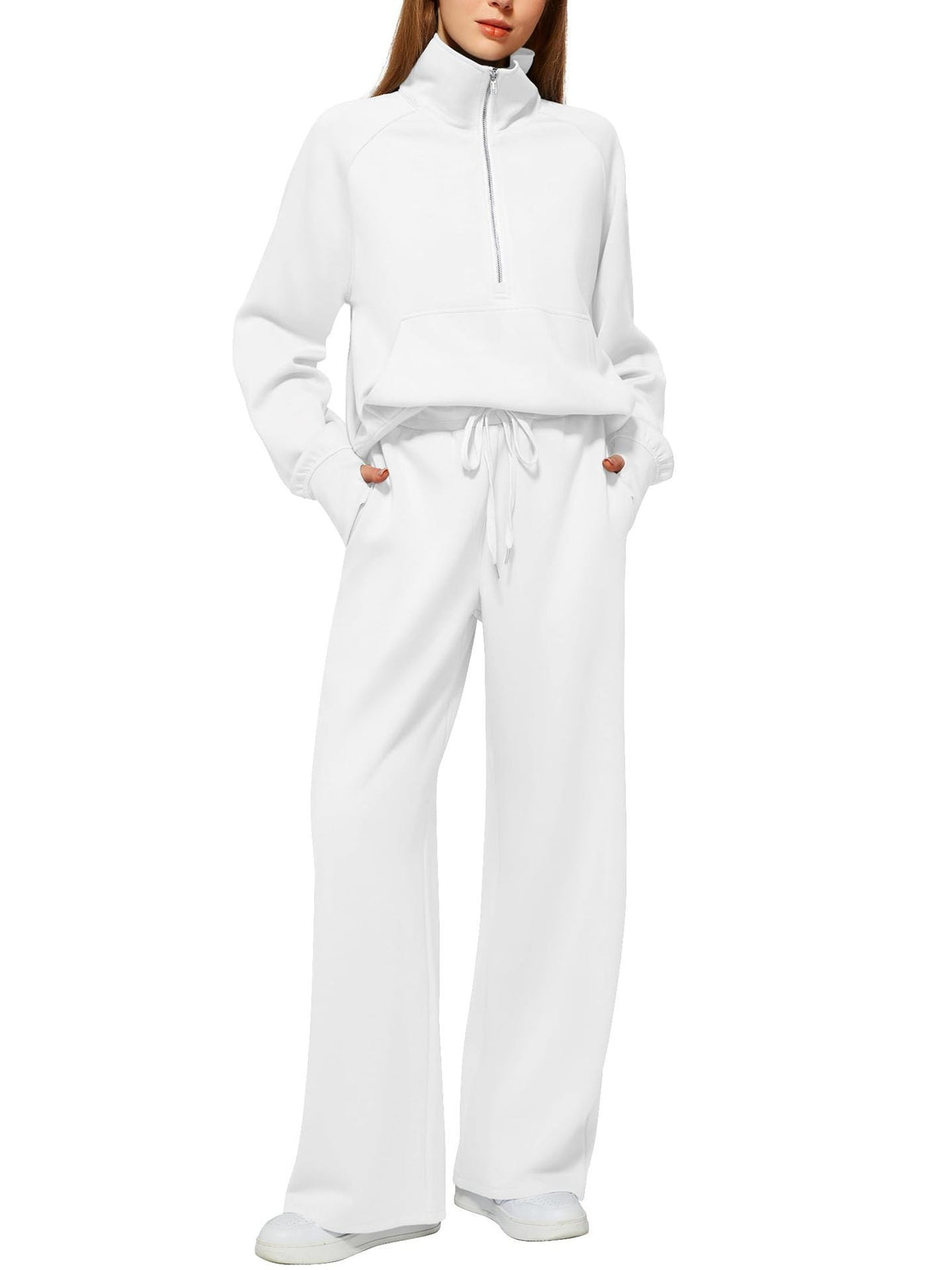 Women's Casual Sweatpants Suit with High Collar and Kangaroo Pocket