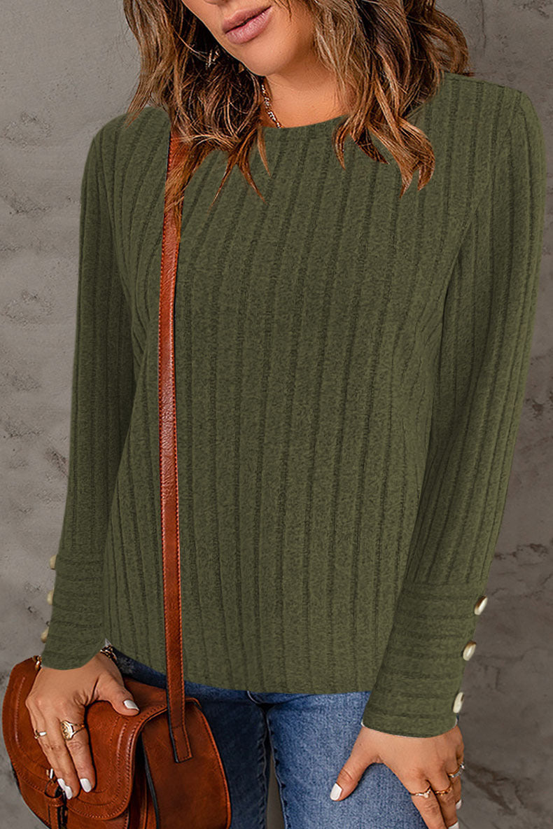 Women's Fine Knit Pullover with Ribbed Texture and Button Details